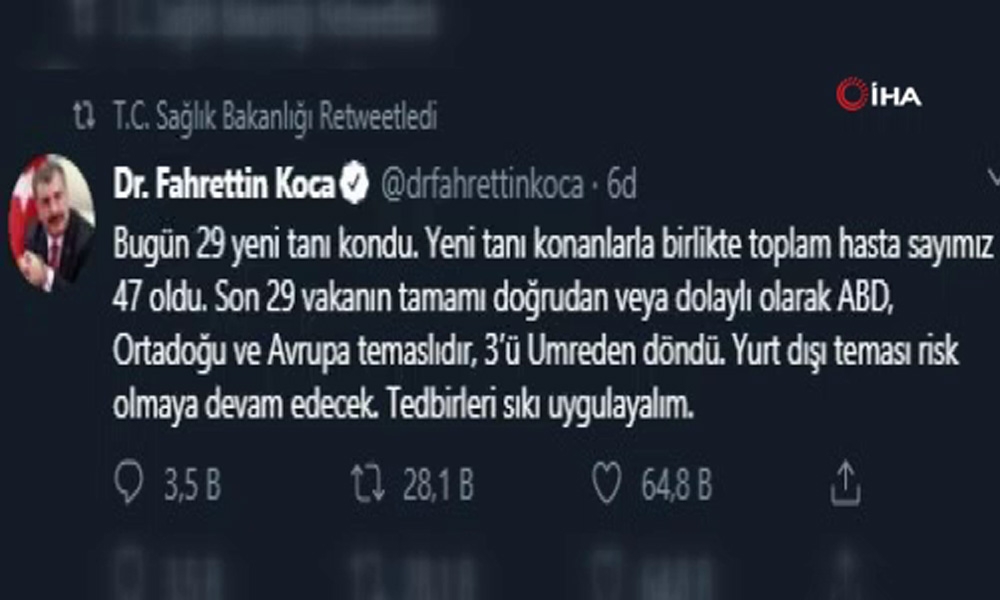 Türkiye’de korona virüsü vaka sayısı 47’ye yükseldi