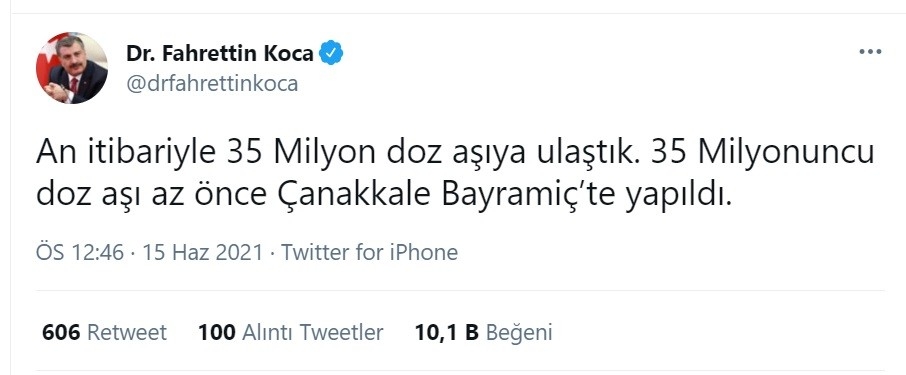 Türkiye’deki 35 milyonuncu Covid-19 aşısı Çanakkale’de yapıldı