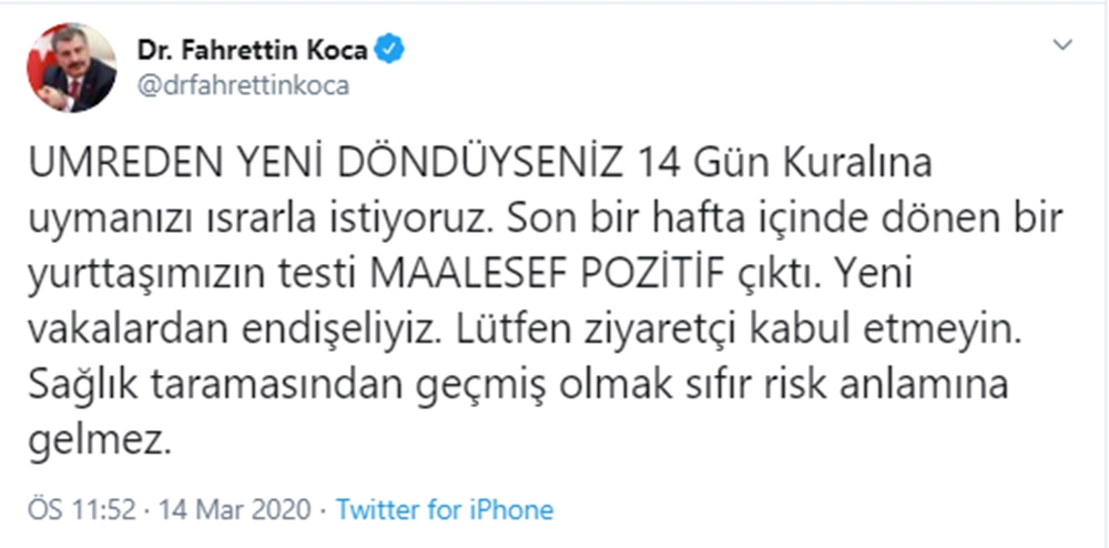 Umre’de dönen bir kişide virüs tespit edildi