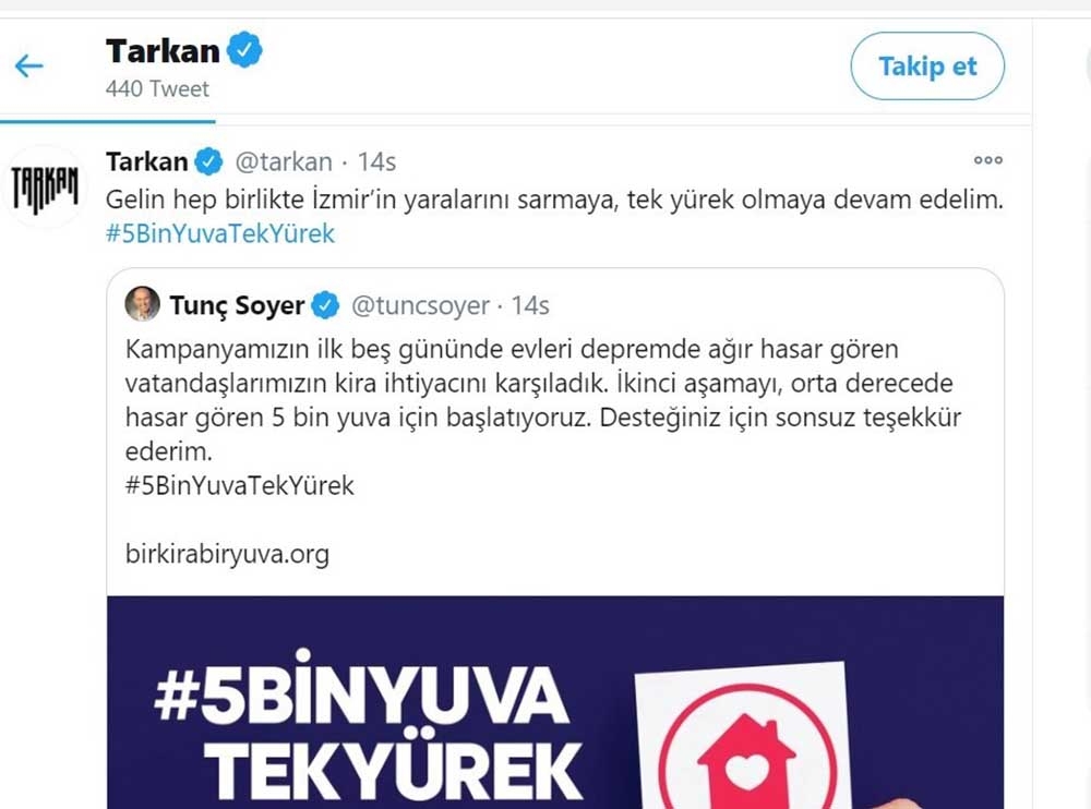 Ünlü sanatçı Tarkan’dan İzmir depremi için destek çağrısı