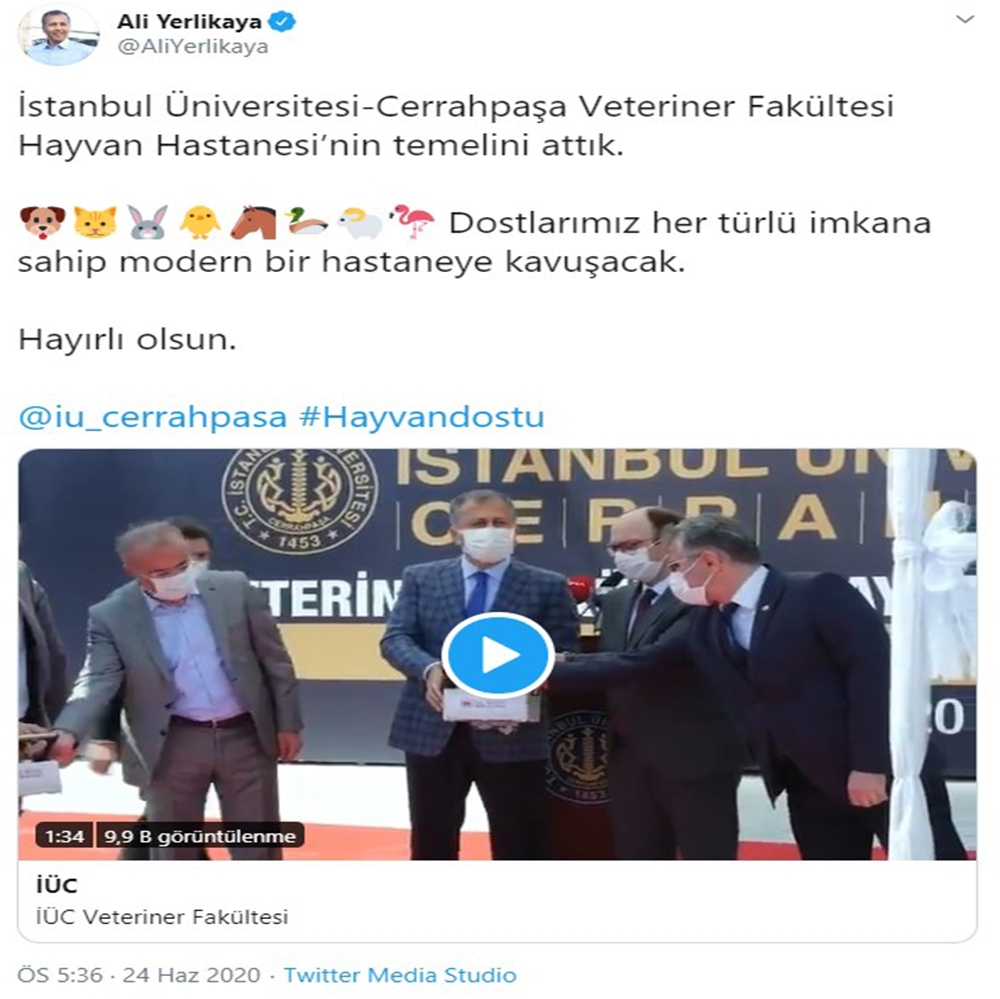 Vali Yerlikaya, hayvan hastanesinin temel atma töreninden görüntüler paylaştı