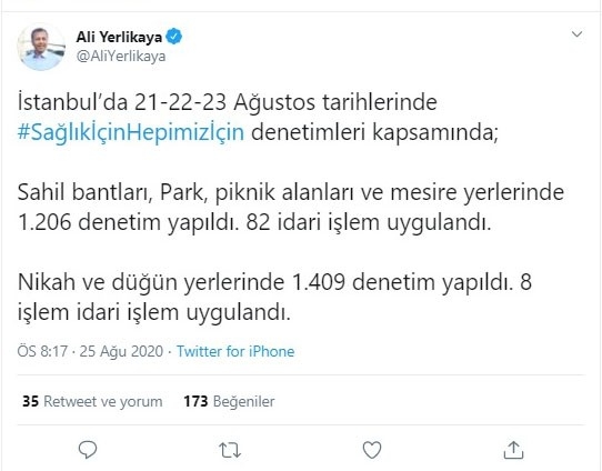Vali Yerlikaya, korona virüs denetim verilerini açıkladı