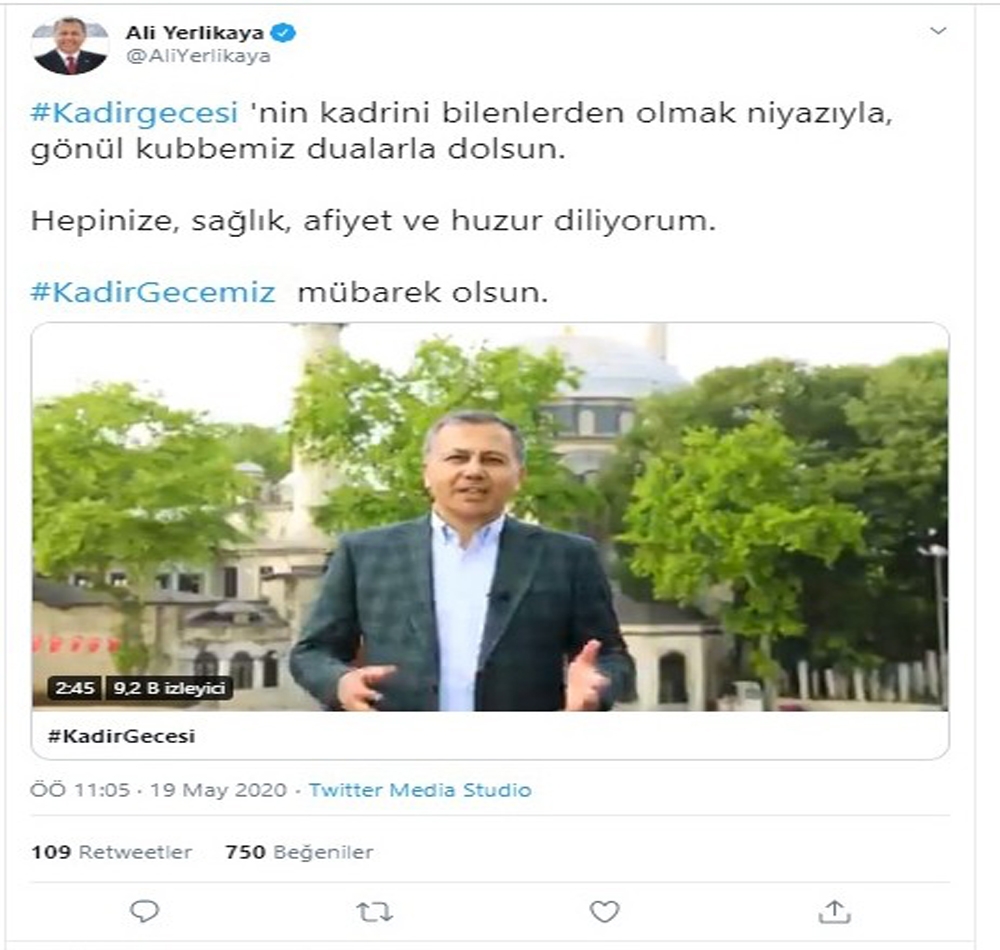 Vali Yerlikaya’dan Kadir Gecesi mesajı