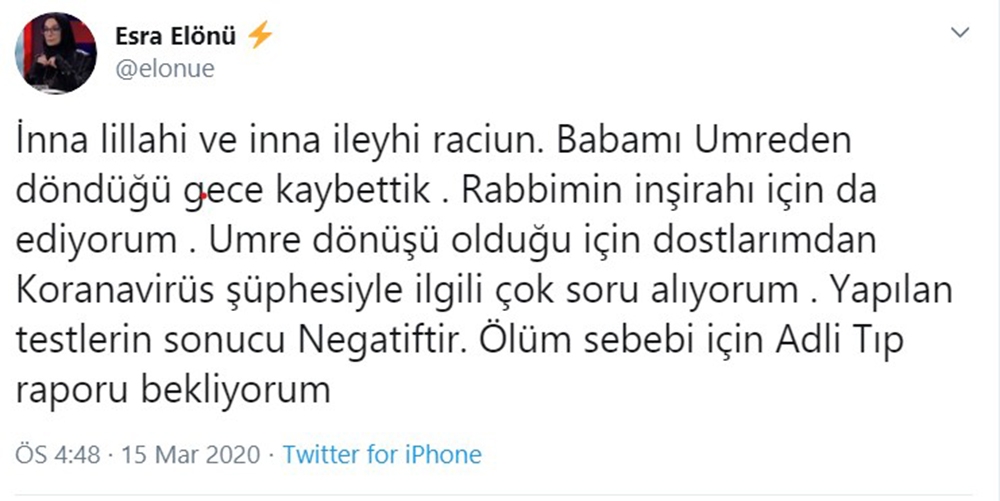 Yazar Esra Elönü’nün babası umre dönüşü hayatını kaybetti
